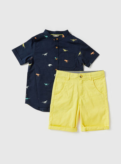 Dinosaur Print Shirt and Solid Shorts Set