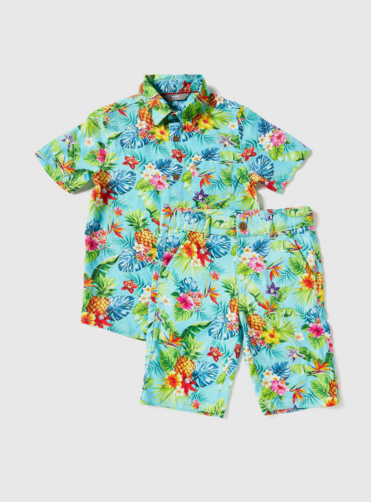 Tropical Print Shirt and Shorts Set