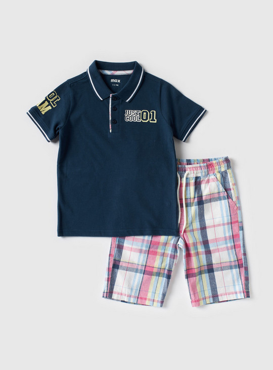 Printed Short Sleeves Polo T-shirt with Checked Drawstring Shorts