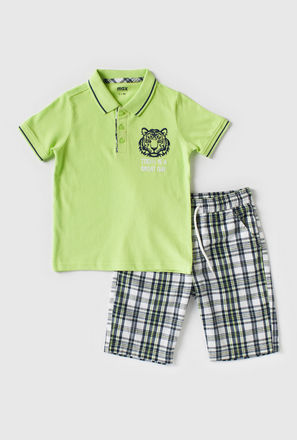 Tiger Print Short Sleeves Polo T-shirt with Checked Drawstring Shorts
