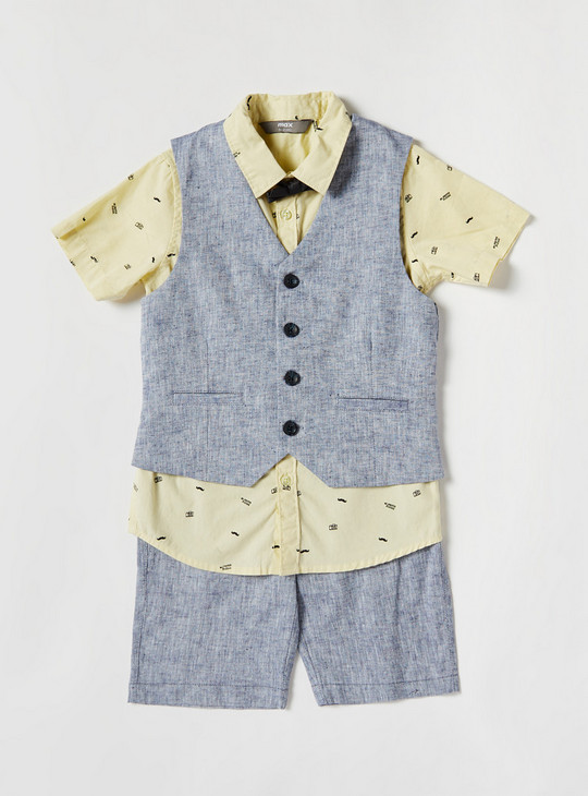 Printed Shirt and Shorts Set with Waistcoat and Bow Tie