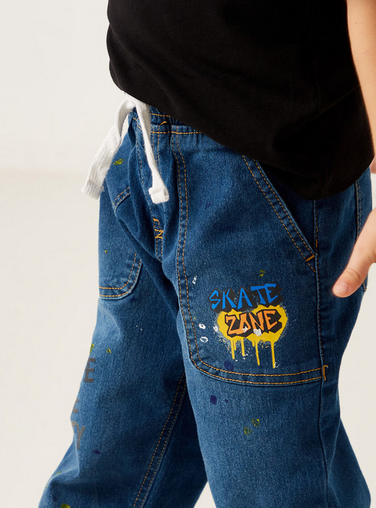 Printed Jeans with Drawstring Closure and Pockets
