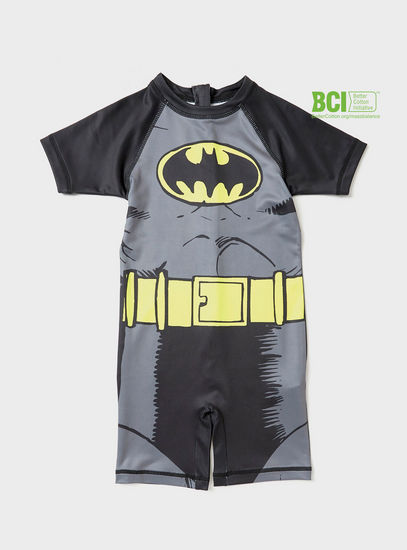 Batman Print BCI Cotton Swimsuit with Short Sleeves and Zip Closure