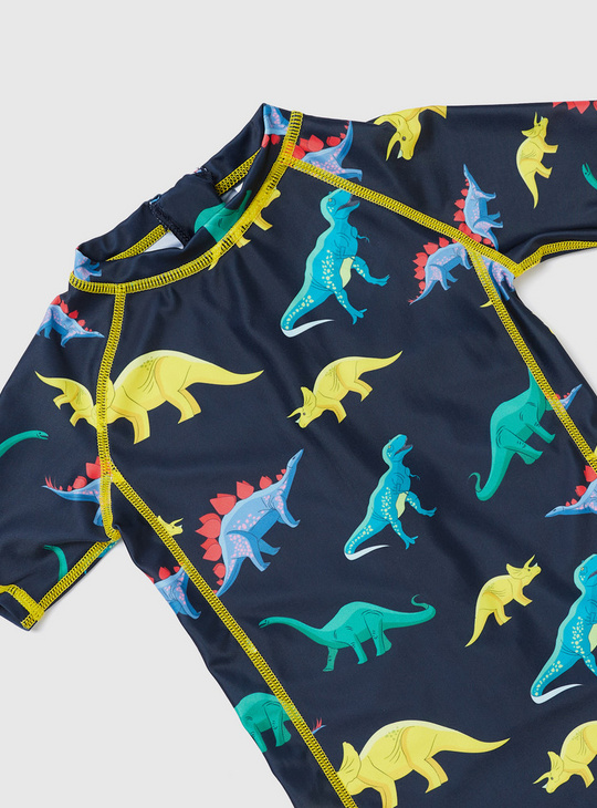 Dinosaur Print Swimsuit with Short Sleeves and Zip Closure