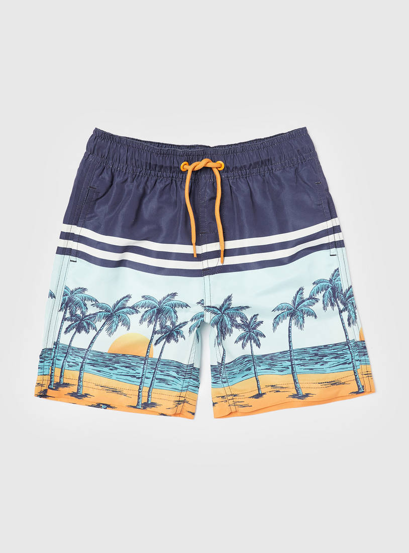 Printed Swim Shorts with Drawstring Closure-Swimwear-image-0