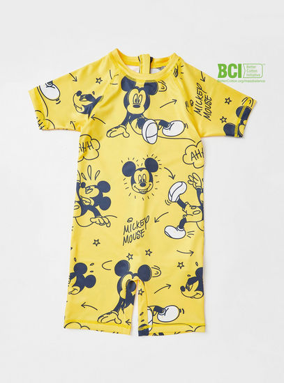All-Over Mickey Mouse Print BCI Cotton Swimsuit with Short Sleeves