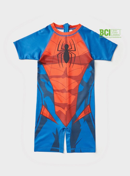 Spider-Man Print BCI Cotton Swimsuit with Short Sleeves and Zip Closure