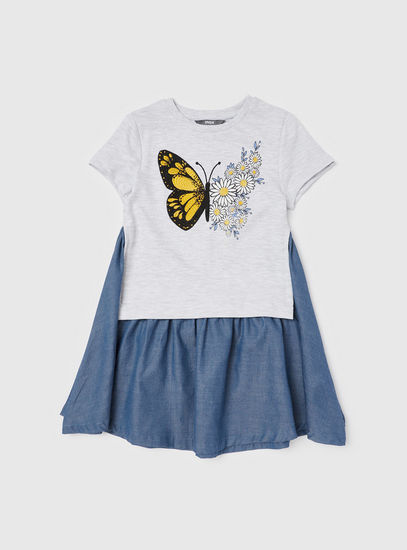 Butterfly Printed and Embroidered 2-in-1 Dress with Round Neckline