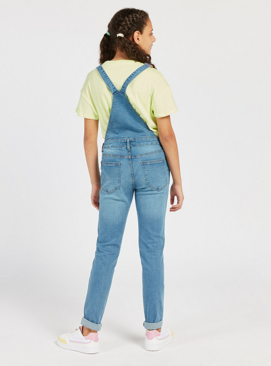 Solid Mid-Rise Jeans Dungaree with Pockets