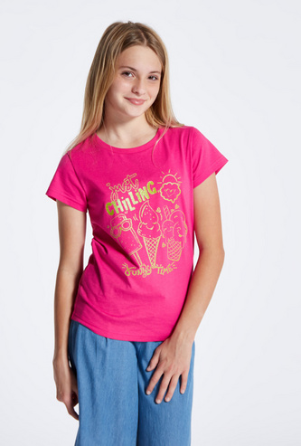 Foil Print T-shirt with Short Sleeves and Round Neck
