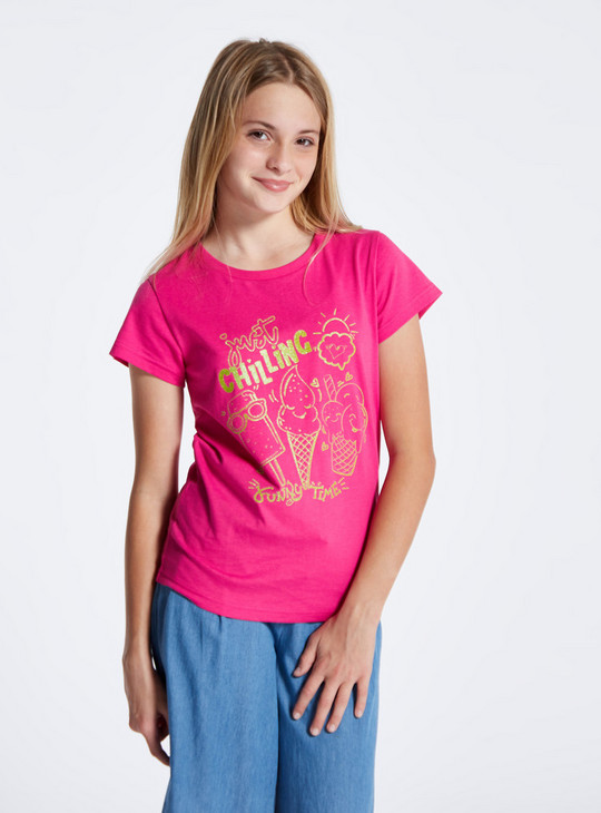Foil Print T-shirt with Short Sleeves and Round Neck