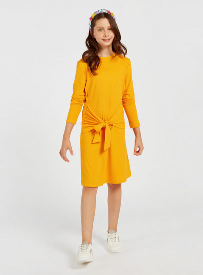 Ribbed Dress with Long Sleeves and Front Tie-Up Detail