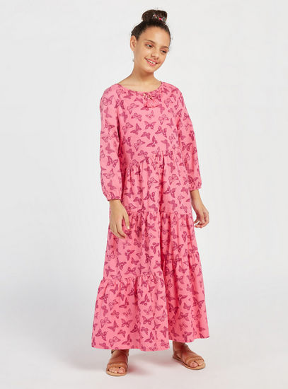 Butterfly Print Maxi Tiered Dress with Tassel Detail and Long Sleeves