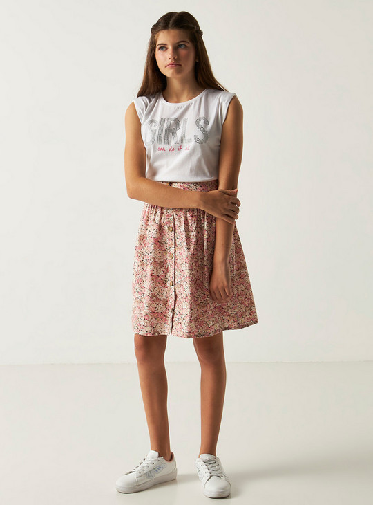 All Over Floral Print Skirt with Button Closure