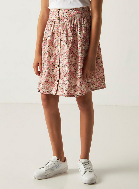 All Over Floral Print Skirt with Button Closure