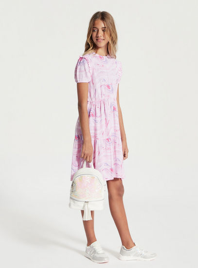 Printed Tiered Dress with Crew Neck and Ruffle Detail