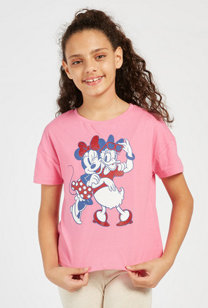 Minnie Mouse and Daisy Duck Print Round Neck T-shirt with Short Sleeves