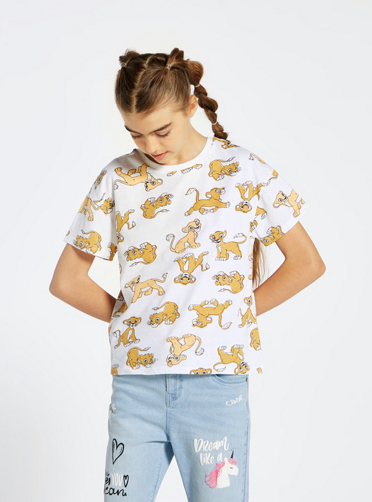 Lion King Print T-shirt with Round Neck and Short Sleeves