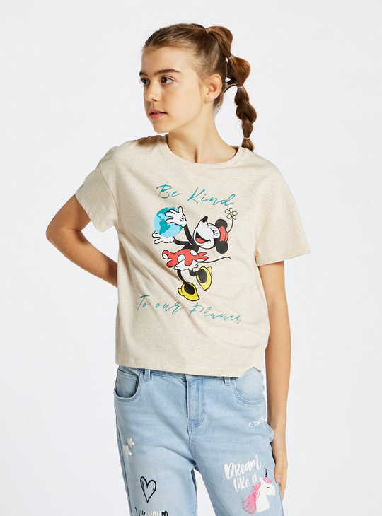 Minnie Mouse Print T-shirt with Round Neck and Short Sleeves