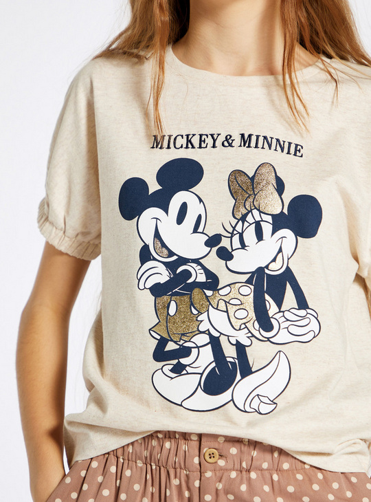 Mickey and Minnie Mouse Print T-shirt with Round Neck and Short Sleeves