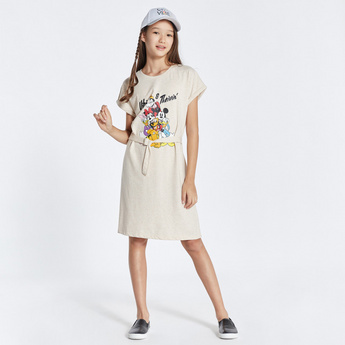 Mickey Mouse A-line Dress with Round Neck and Cap Sleeves