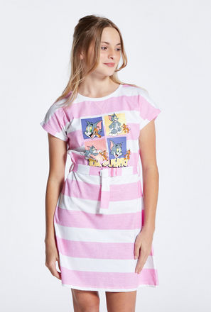 Tom and Jerry Stripe Dress with Short Sleeves and Belt Detail