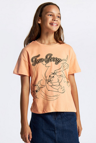 Tom and Jerry Print T-shirt with Short Sleeves and Round Neck