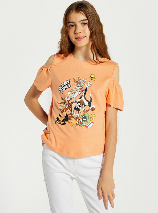 Looney Tunes Print Top with Round Neck and Cold Shoulder Short Sleeves