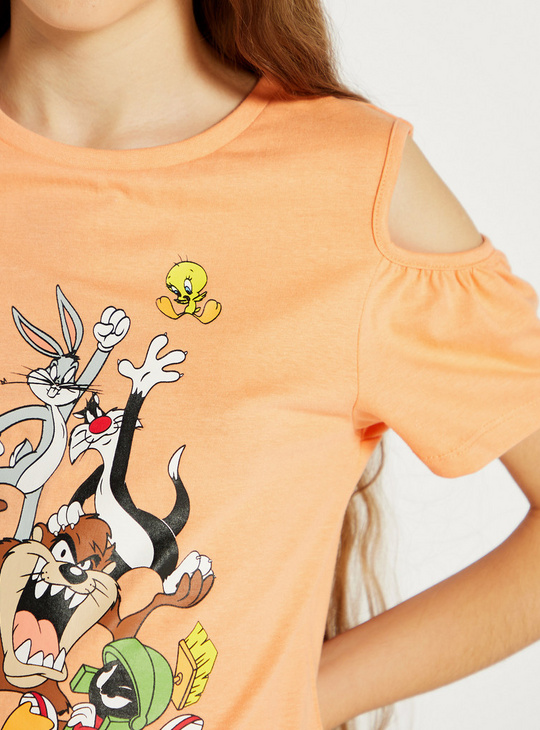 Looney Tunes Print Top with Round Neck and Cold Shoulder Short Sleeves