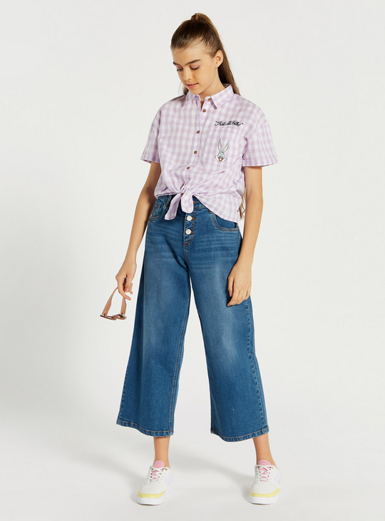 Looney Tunes Checked Shirt with Button Closure and Waist Tie-Up Detail