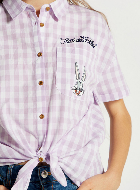 Looney Tunes Checked Shirt with Button Closure and Waist Tie-Up Detail