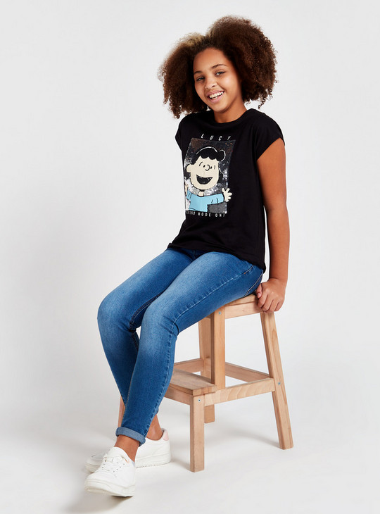 Snoopy Embellished Print T-shirt with Round Neck and Short Sleeves