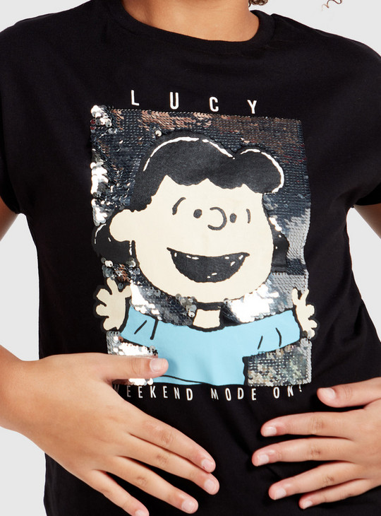 Snoopy Embellished Print T-shirt with Round Neck and Short Sleeves