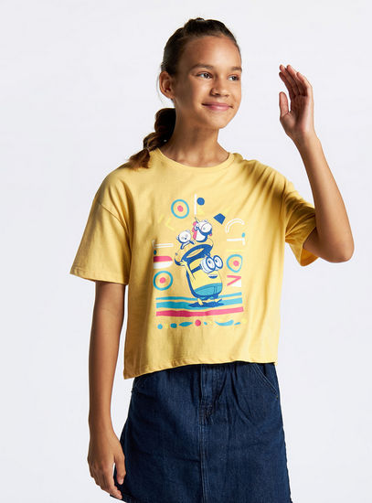 Minions Print T-shirt with Round Neck and Short Sleeves