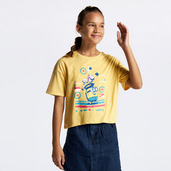 Minions Print T-shirt with Round Neck and Short Sleeves