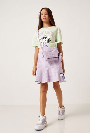 Snoopy Print Round Neck T-shirt and Checked Skirt Set