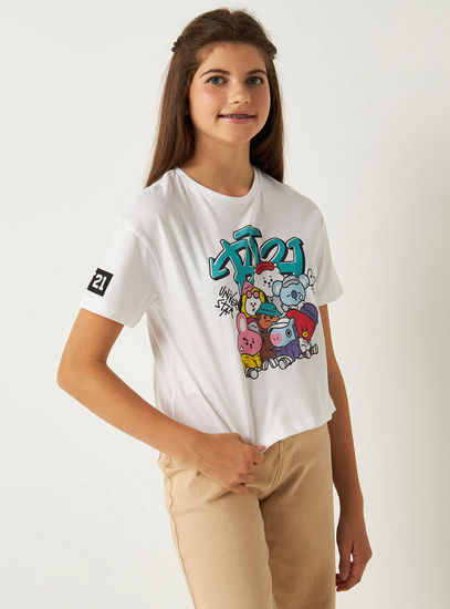 BT21 Print T-shirt with Round Neck and Short Sleeves