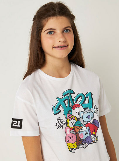 BT21 Print T-shirt with Round Neck and Short Sleeves