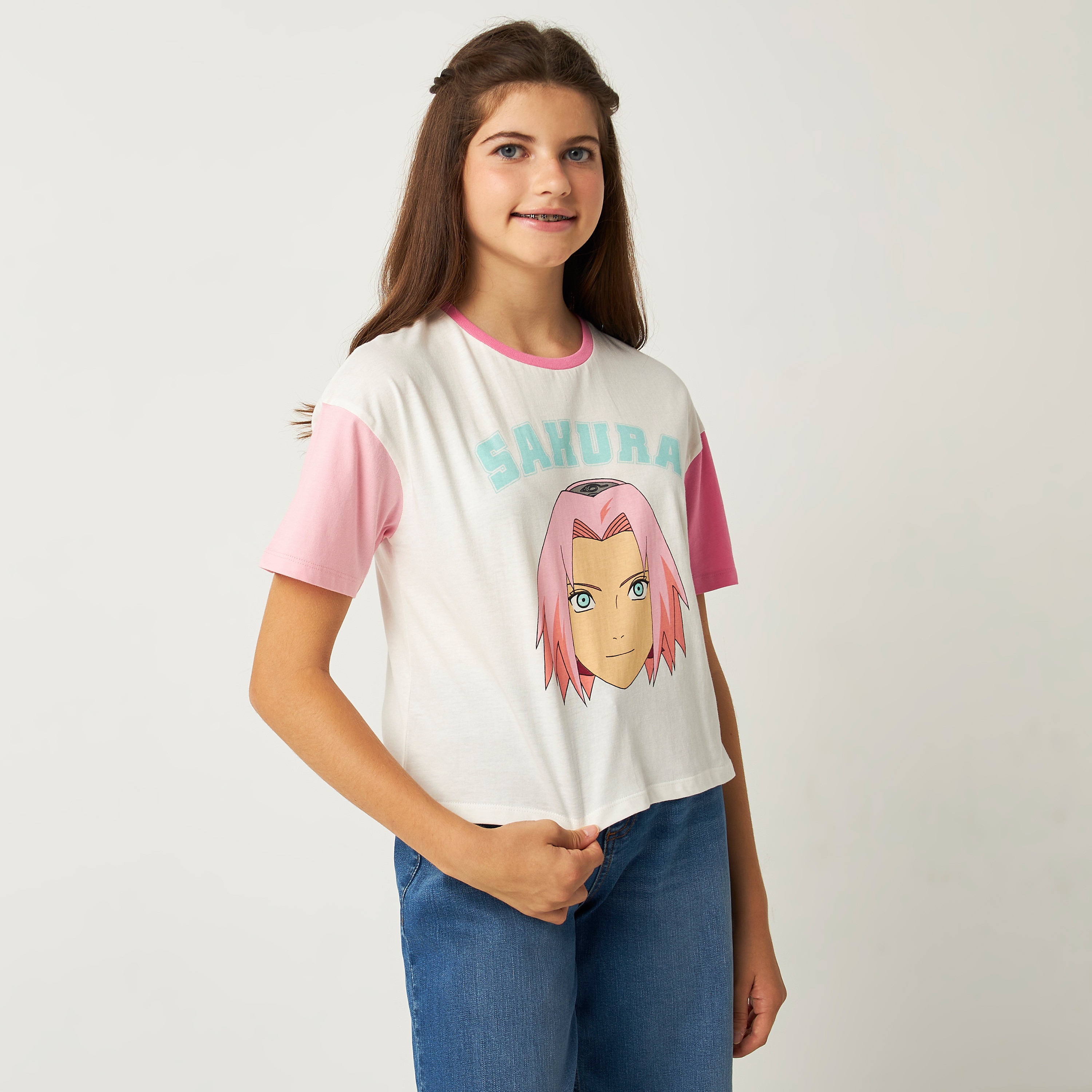 Shop Sakura Print T-shirt with Round Neck and Short Sleeves Online