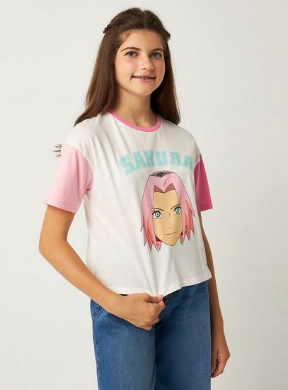 Sakura Print T-shirt with Round Neck and Short Sleeves