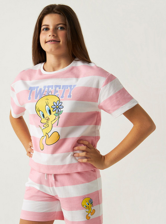 Tweety Print Crew Neck T-shirt and Shorts Set