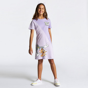 Tom and Jerry Colourblock T-shirt Dress with Round Neck and Short Sleeves