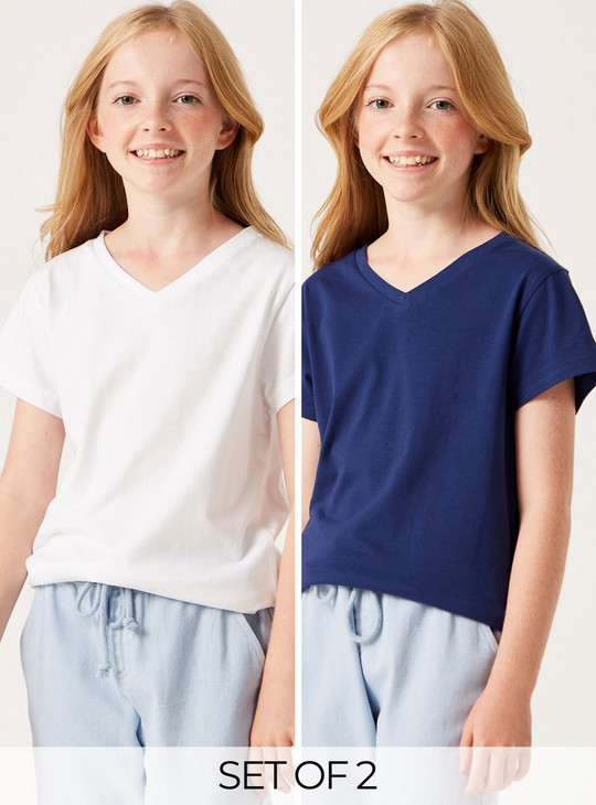 Set of 2 - Solid V-neck T-shirt with Short Sleeves