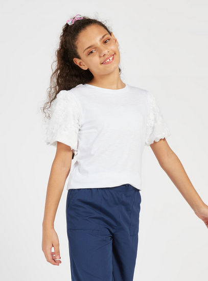 Solid Top with Round Neck and Slub Detail Puff Sleeves-Shirts & Blouses-image-0