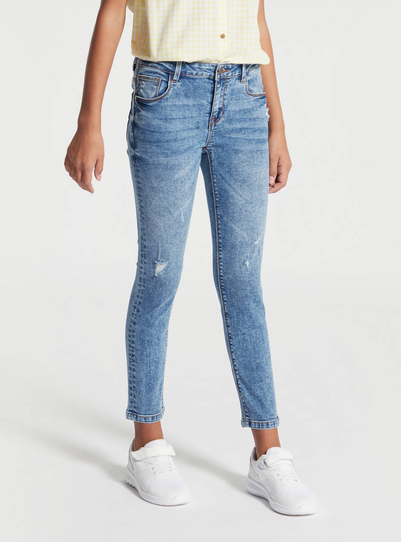Ripped Mid-Rise Denim Jeans with Button Closure and Pockets-Jeans-image-0