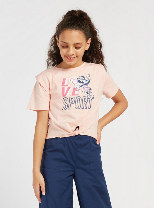 Minnie Mouse Print T-shirt with Round Neck and Waist Tie-Up
