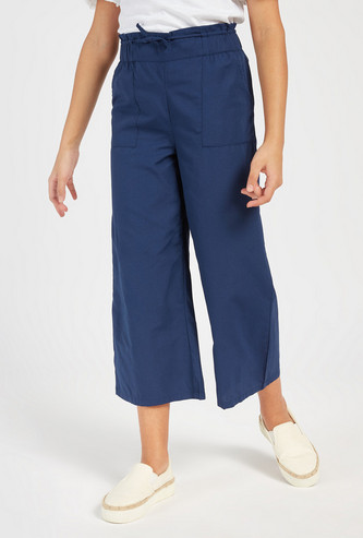 Solid High-Rise Pants with Drawstring Closure and Pockets