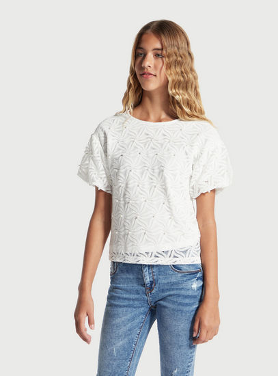Embellished Round Neck Top with Short Sleeves and Lace Detail