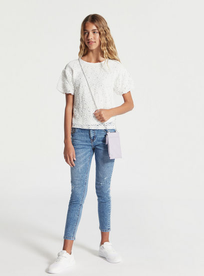 Embellished Round Neck Top with Short Sleeves and Lace Detail