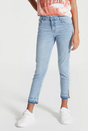 Solid Mid-Rise Denim Jeans with Button Closure and Pockets